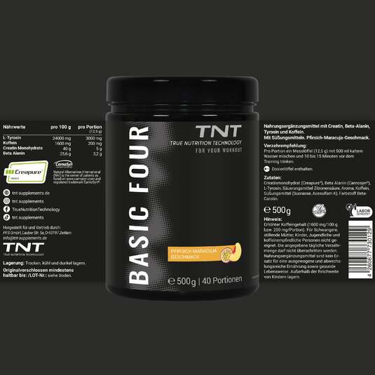 TNT Basic Four Dose Pfirsich-Maracuja Geschmack Dose mit Etikett