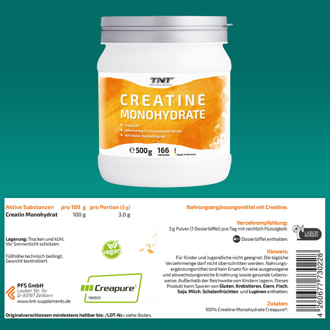 TNT Creatine Monohydrate Creapure - 500g - Etikett