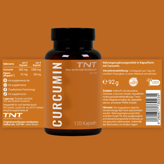 Etikett von TNT Curcumin Kapseldose