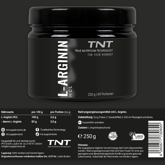 TNT L-Arginin Etikett mit Nährwerten und Zutaten