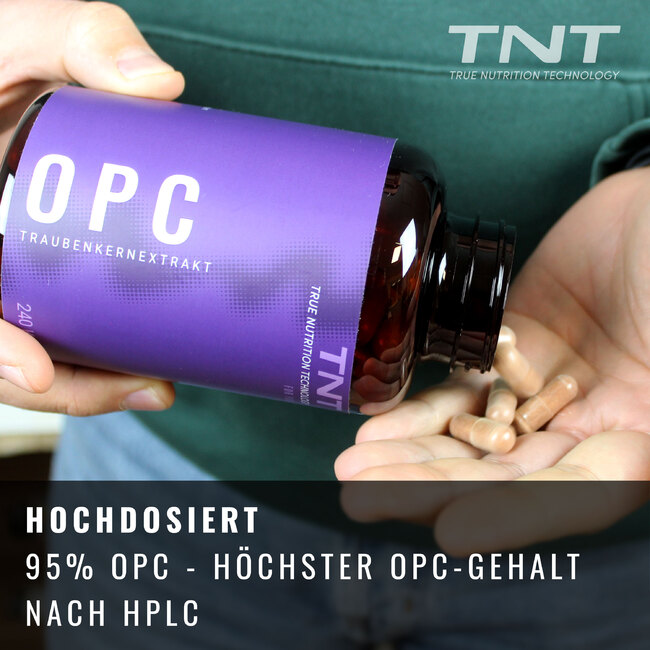 Mann schttet Kapseln in seine Hand. Text: 95% OPC-Gehalt nach HPLC