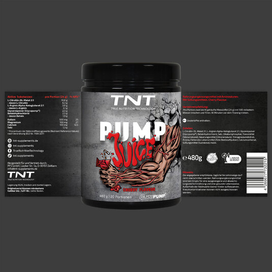 Etikett und Dose von TNT Pump Juice Cherry