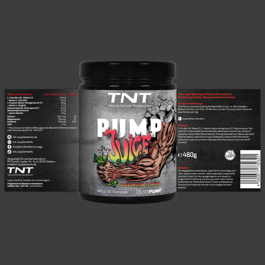 Etikett und Dose von TNT Pump Juice Watermelon