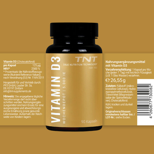 TNT Vitamin D3 (vegan) Dose mit Etikett