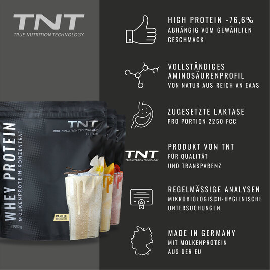Alle Vorteile von TNT Whey Protein Konzentrat auf einen Blick.